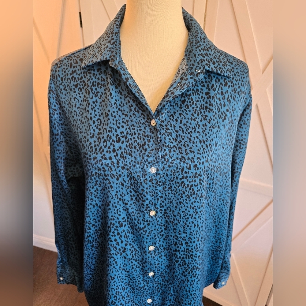 Zara Teal/Blue Leopard Print Women's Long-Sleeve Button-Up Blouse